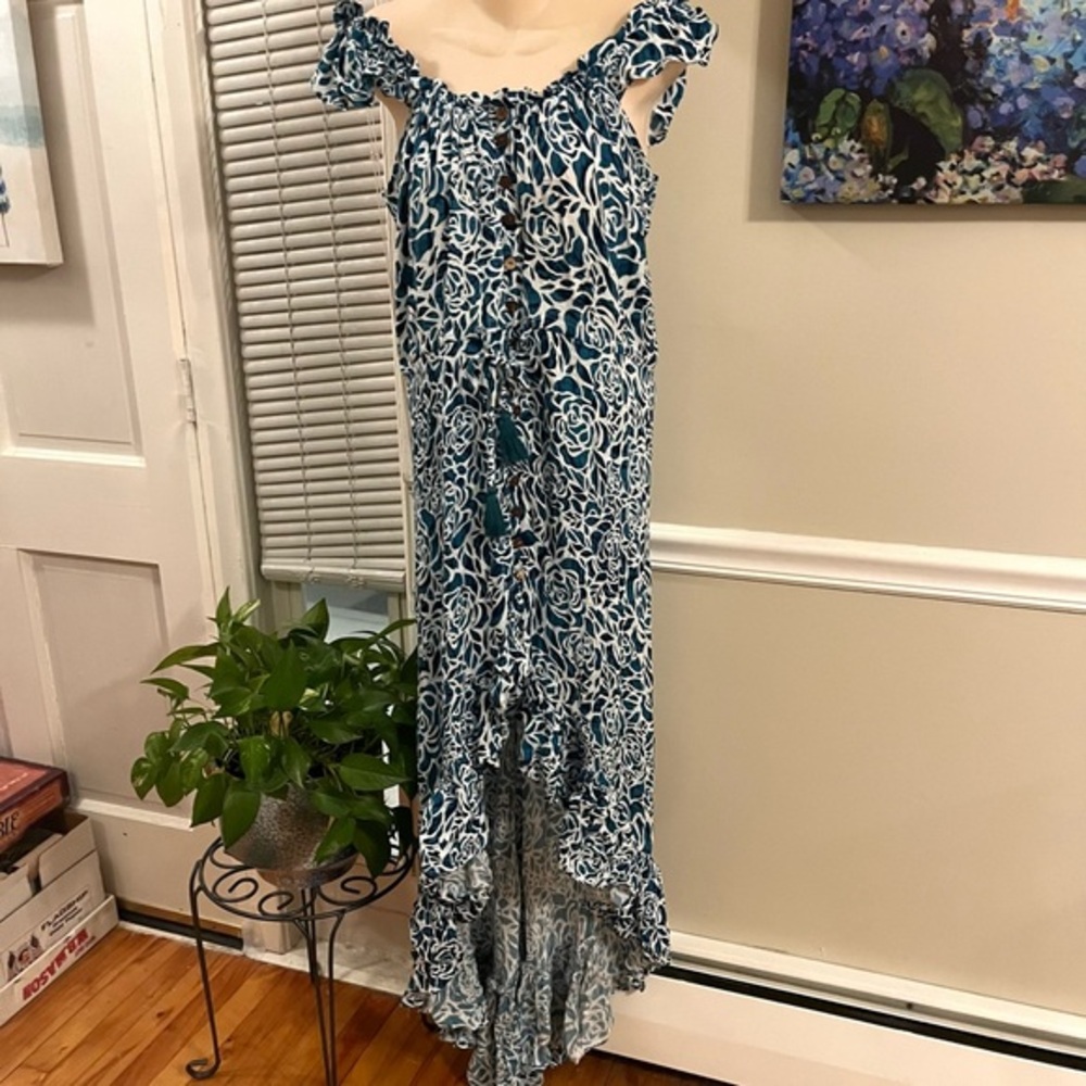 Tiare Hawaii Blue and White High Low Dress Tropical Pattern O/S